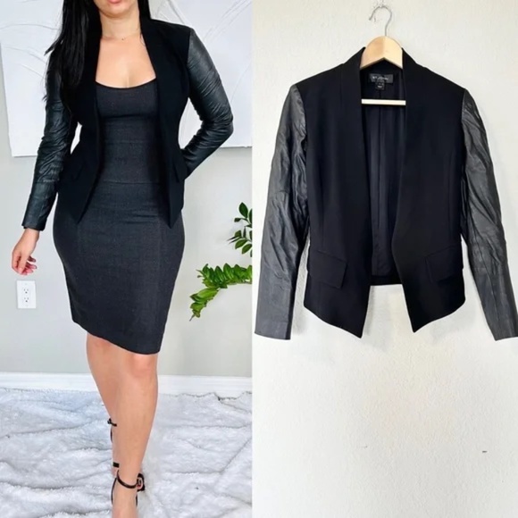 St. John Caviar Black Lamb Leather Open Front Blazer Jacket - Picture 4 of 16